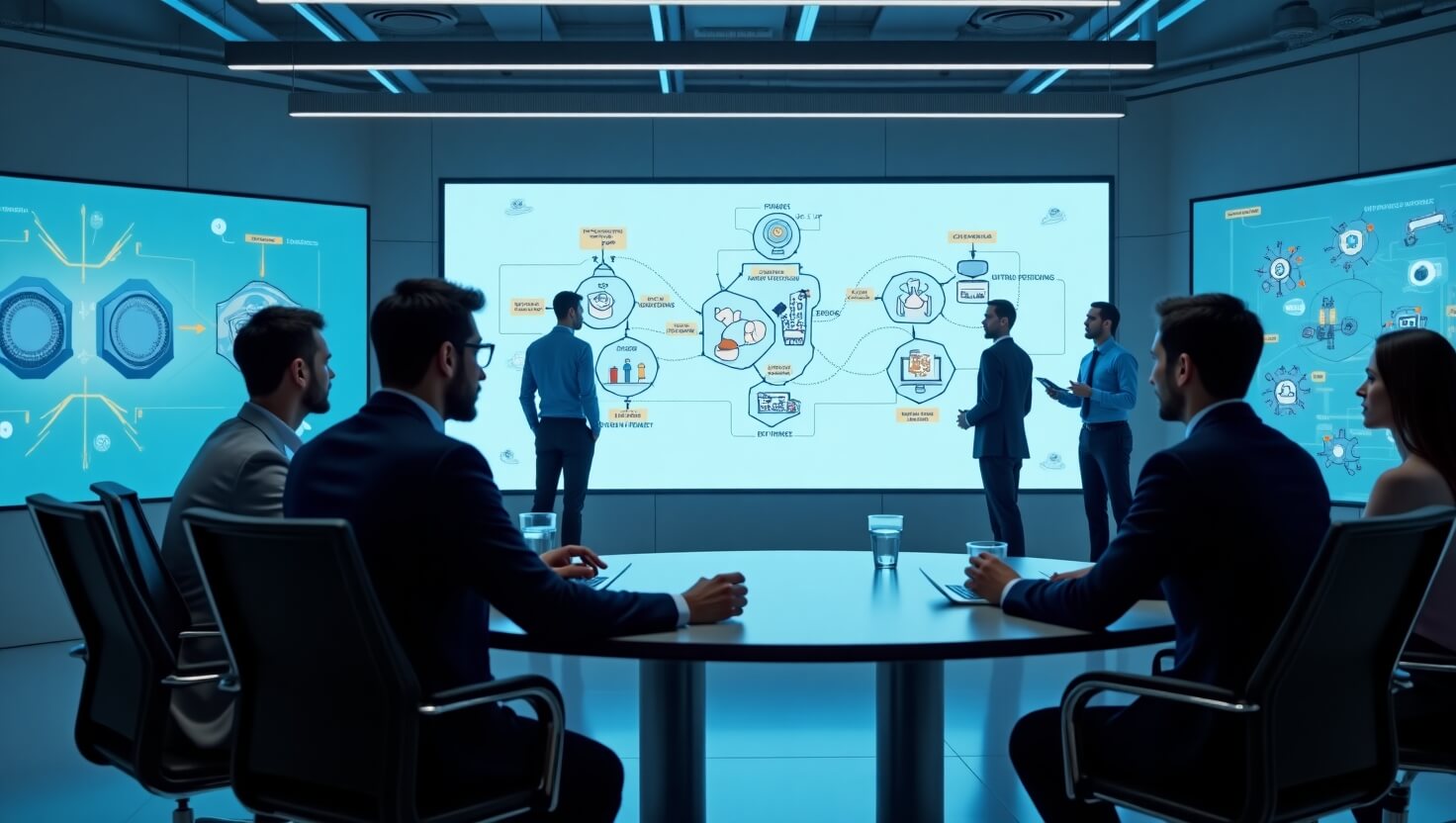 Business team using digital tools to prioritize processes for AI automation, with charts and automation icons in a modern office setting