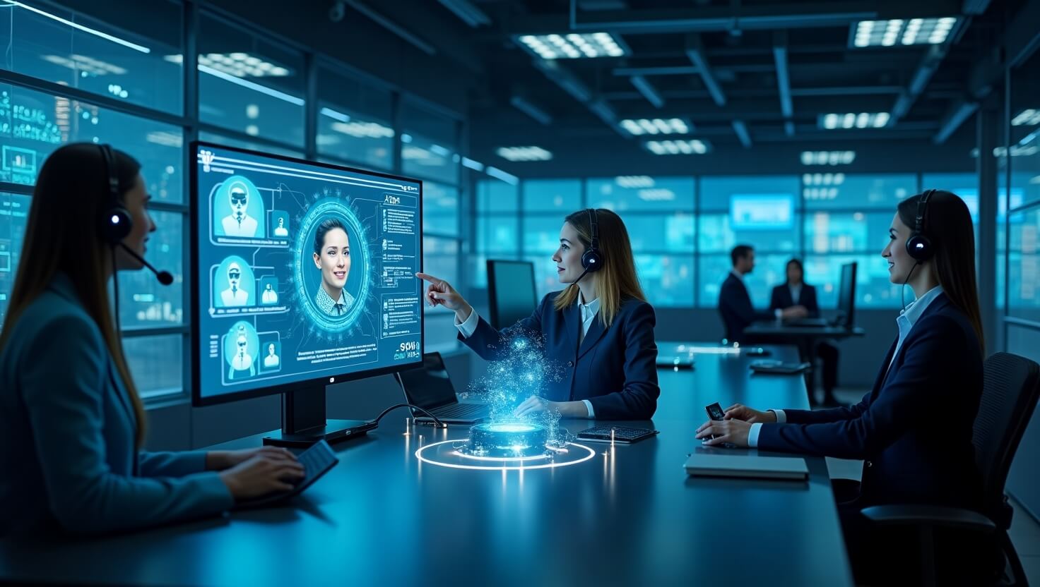 AI-powered customer service center with virtual assistants, human agents, and real-time analytics on digital dashboards in a modern tech environment