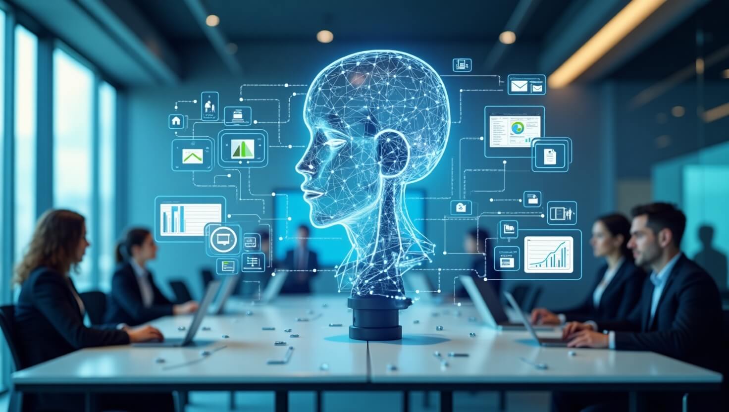 AI automating business operations with smart dashboards, digital assistants, and robotic process automation managing workflows and admin tasks in a modern office