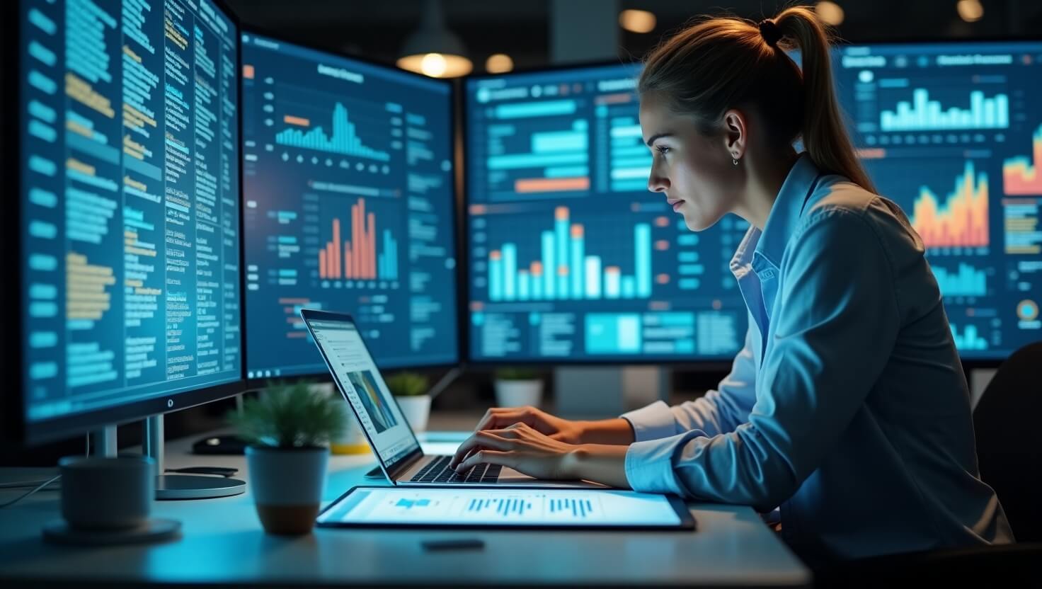 Busy professional using AI tools for task automation, scheduling, and performance tracking in a smart, high-tech 2025 workspace.