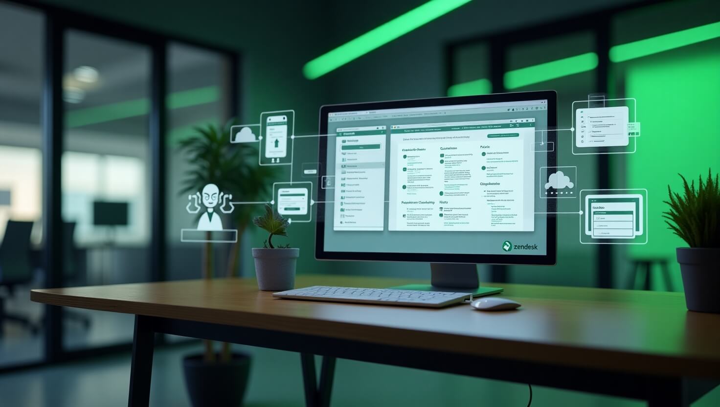 Zendesk AI interface in a modern office, automating customer support tasks and tracking performance with real-time analytics.