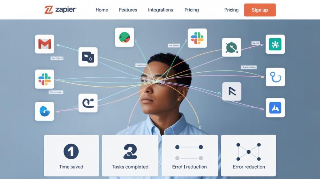Zapier AI interface automating tasks across apps like Gmail, Slack, and Google Sheets in a futuristic business setting, showcasing seamless 2025 workflow automation.