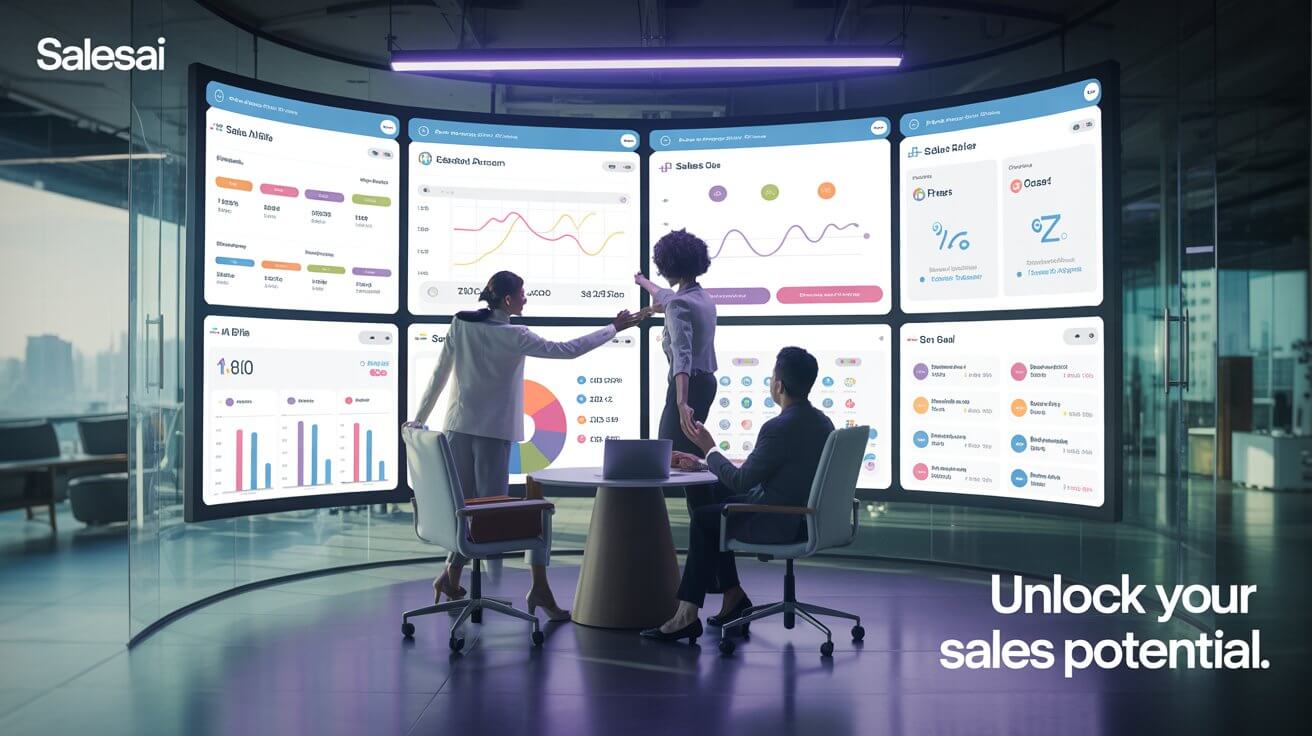 AI-powered sales dashboard showing lead scoring, outreach automation, and predictive analytics in a modern office setting.