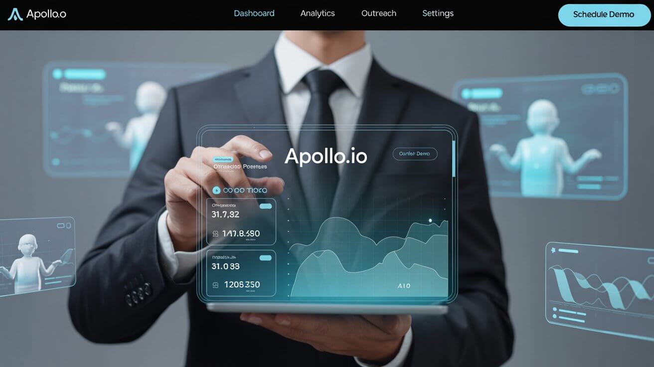 Professional using Apollo.io's AI sales platform with smart lead scoring, live prospect data, and futuristic automation tools in a high-tech 2025 workspace