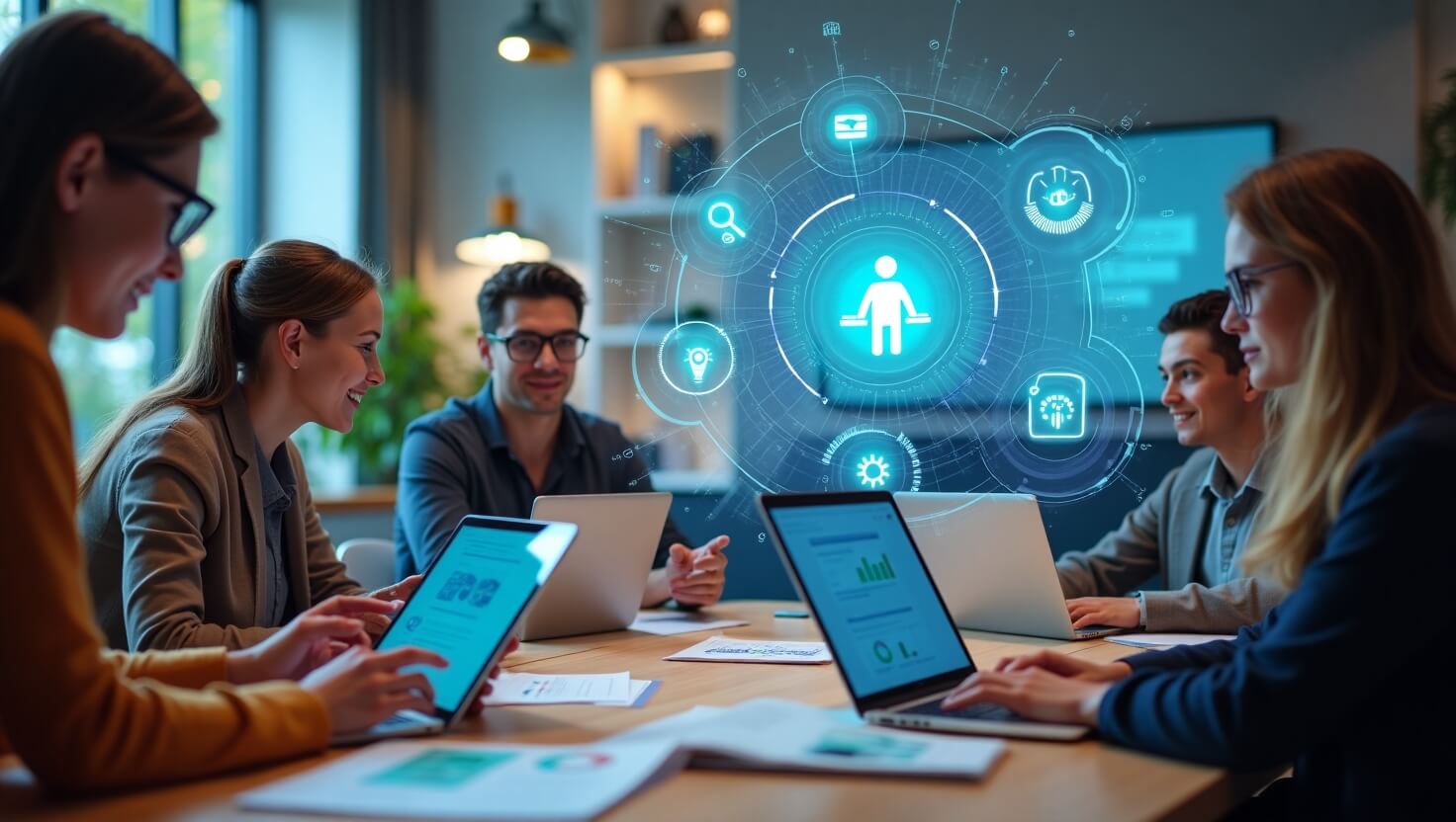 Adults engaged in lifelong learning using AI-powered digital tools with futuristic holographic interfaces displaying personalized learning progress.