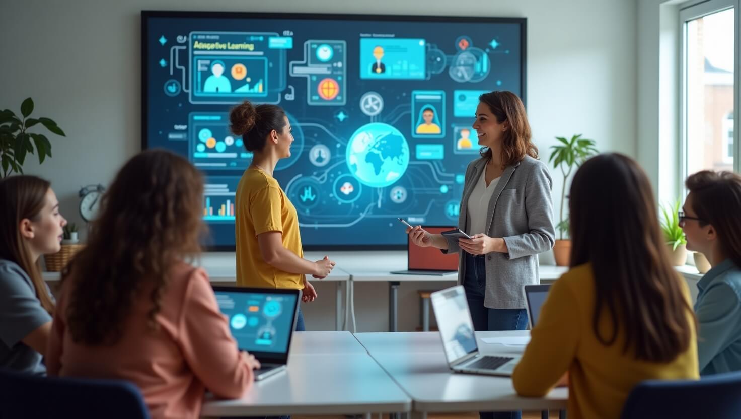 Students and teachers using AI-powered digital learning tools in a modern classroom, featuring adaptive learning interfaces and AI tutors that personalize education.