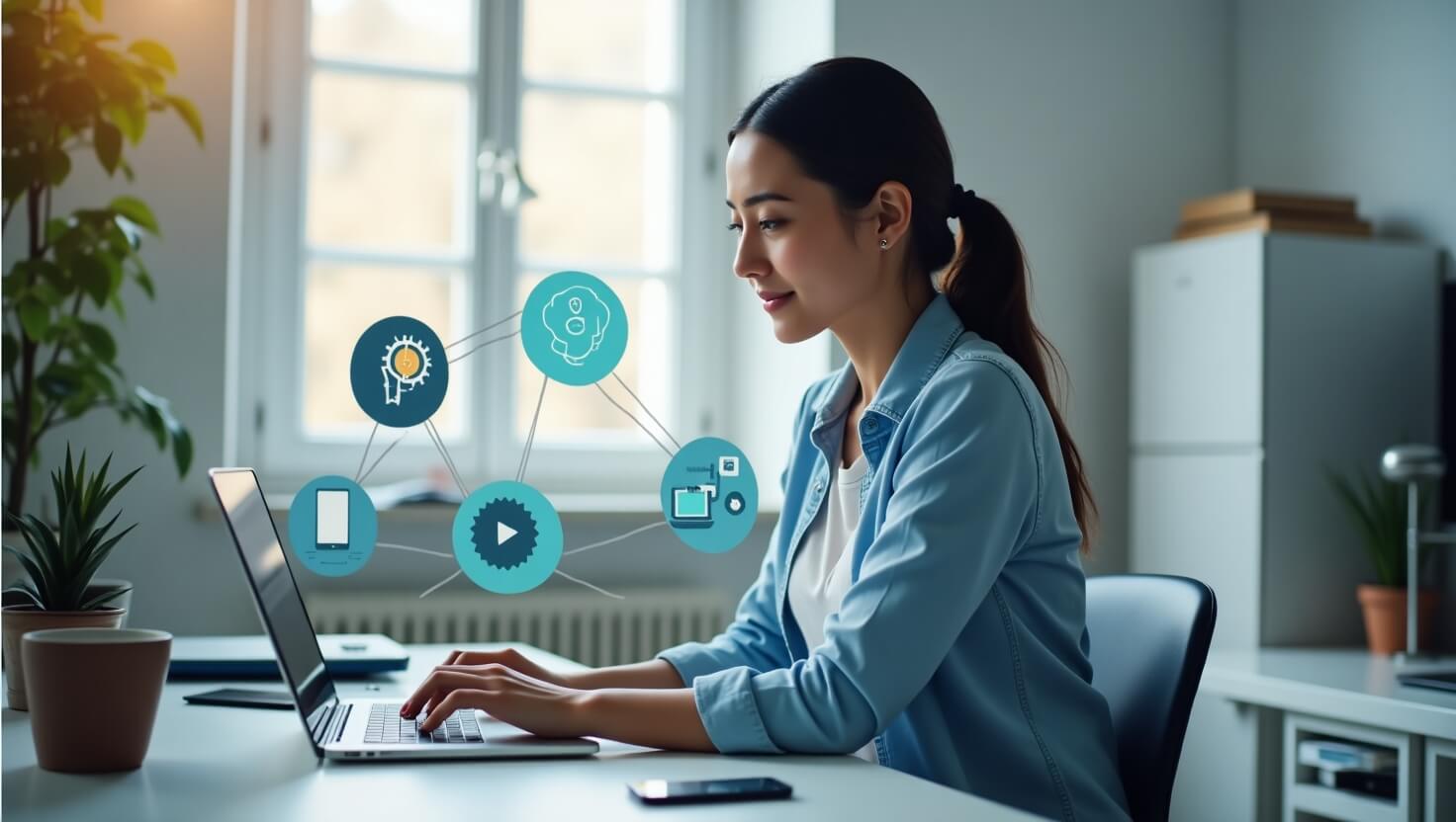 Focused professional working with AI productivity tools in a modern home office