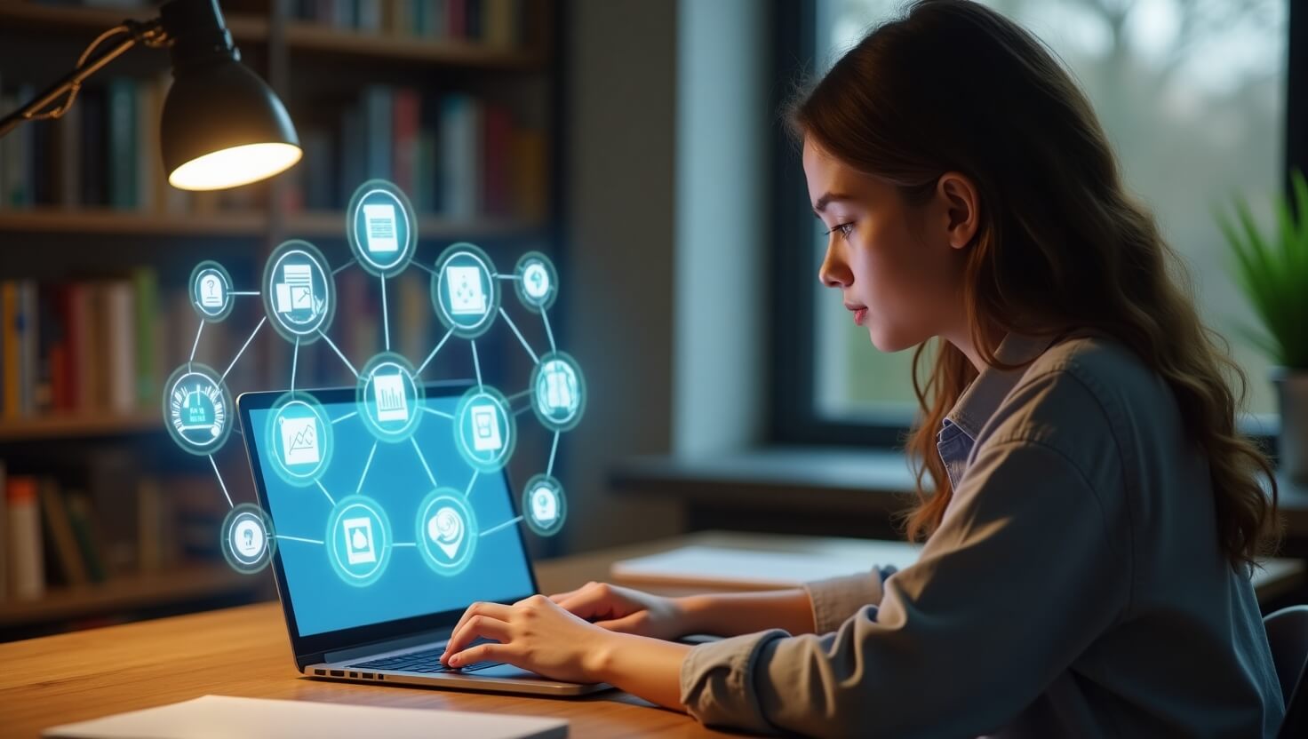 Student using AI-powered digital tools for personalized study routines in a modern, cozy study space.