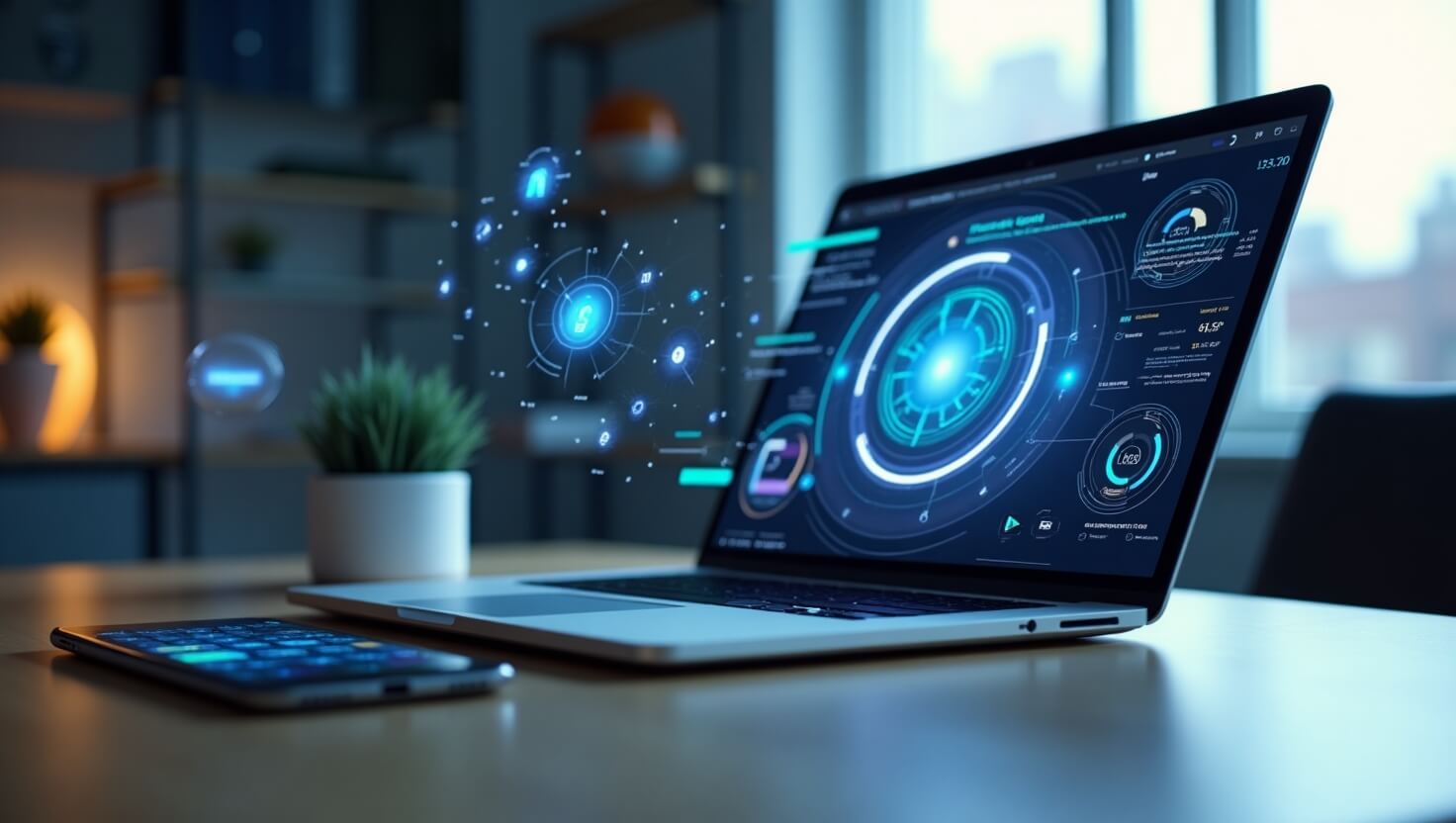 Modern workspace showing AI productivity tools in action, with digital overlays symbolizing smart automation