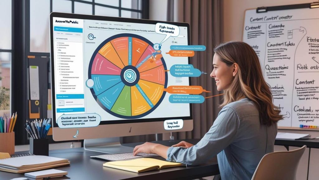 A content creator uses AnswerThePublic’s keyword visualization tool to generate engaging content ideas based on real user searches