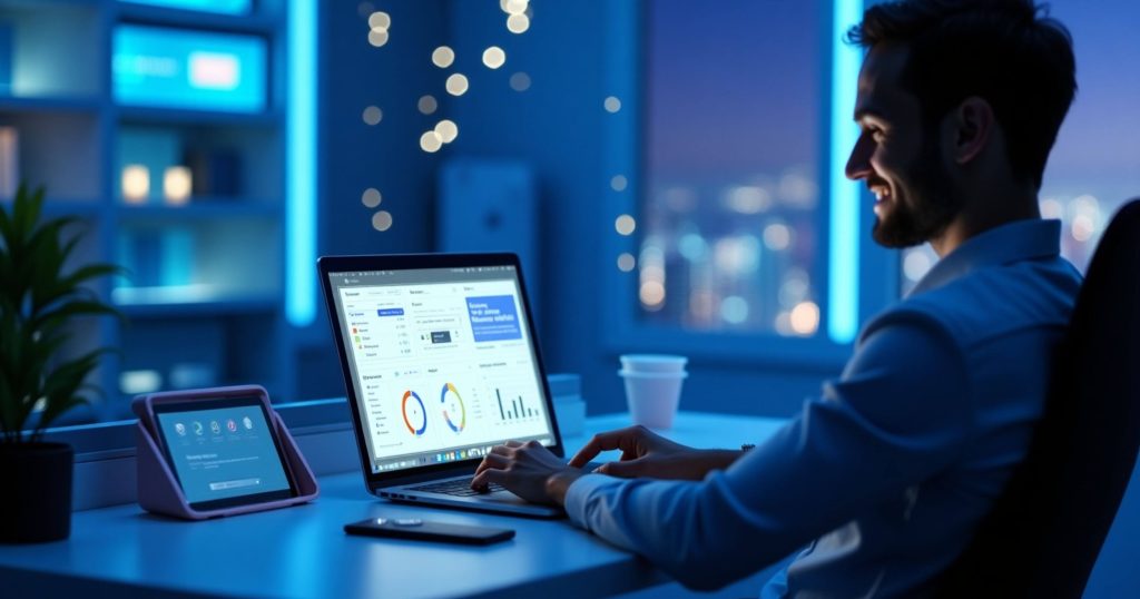 Futuristic AI powered workspace in 2025 with a laptop, holographic productivity tools, and digital assistants enhancing workflow efficiency.